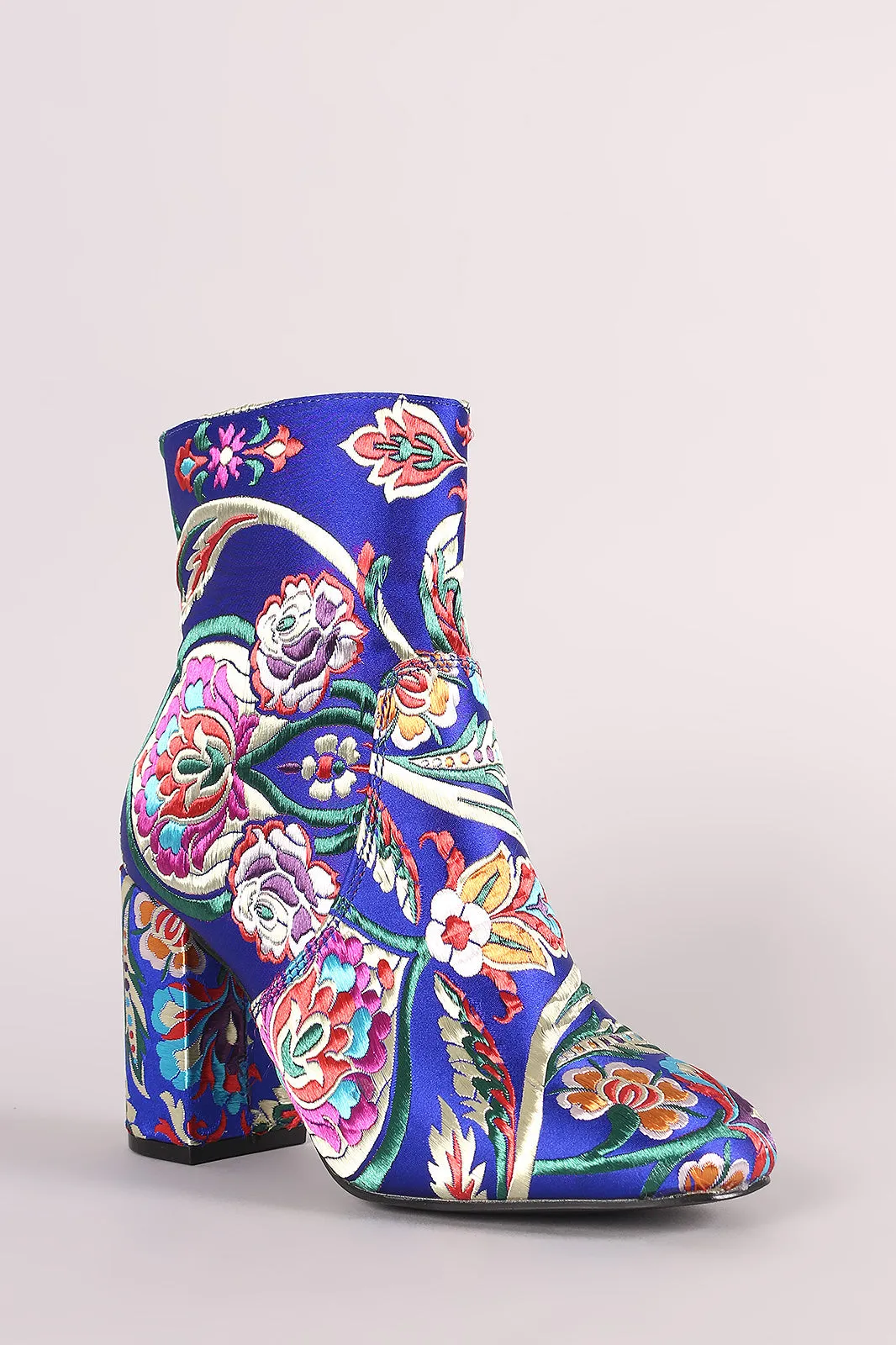 Floral Brocade Block Heeled Booties