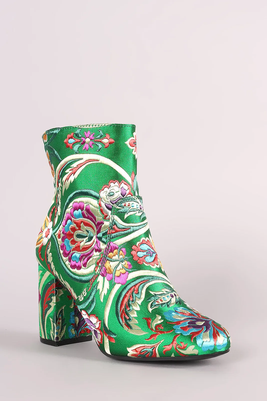 Floral Brocade Block Heeled Booties