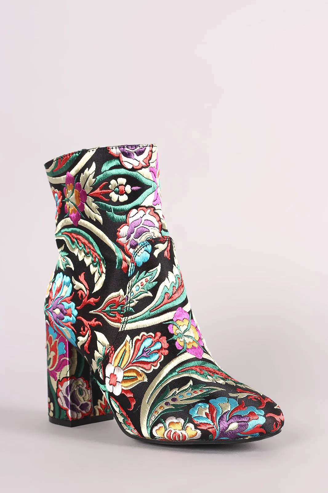 Floral Brocade Block Heeled Booties