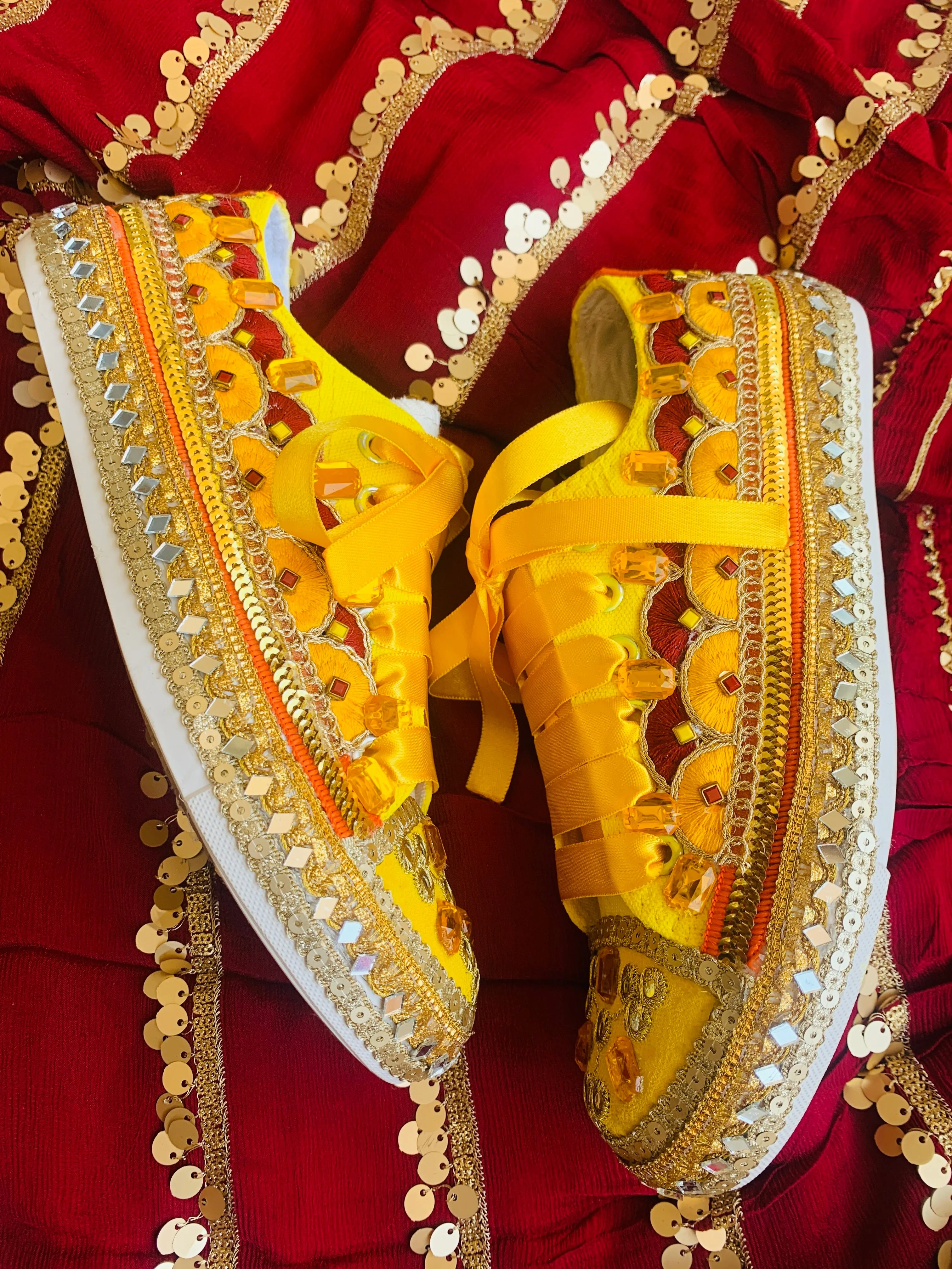 Funky N Trendy hand crafted yellow and maroon hand work bridal sneakers/ bridesmaid sneaker / yellow sneakers/ yellow shoes for haldi ceremony