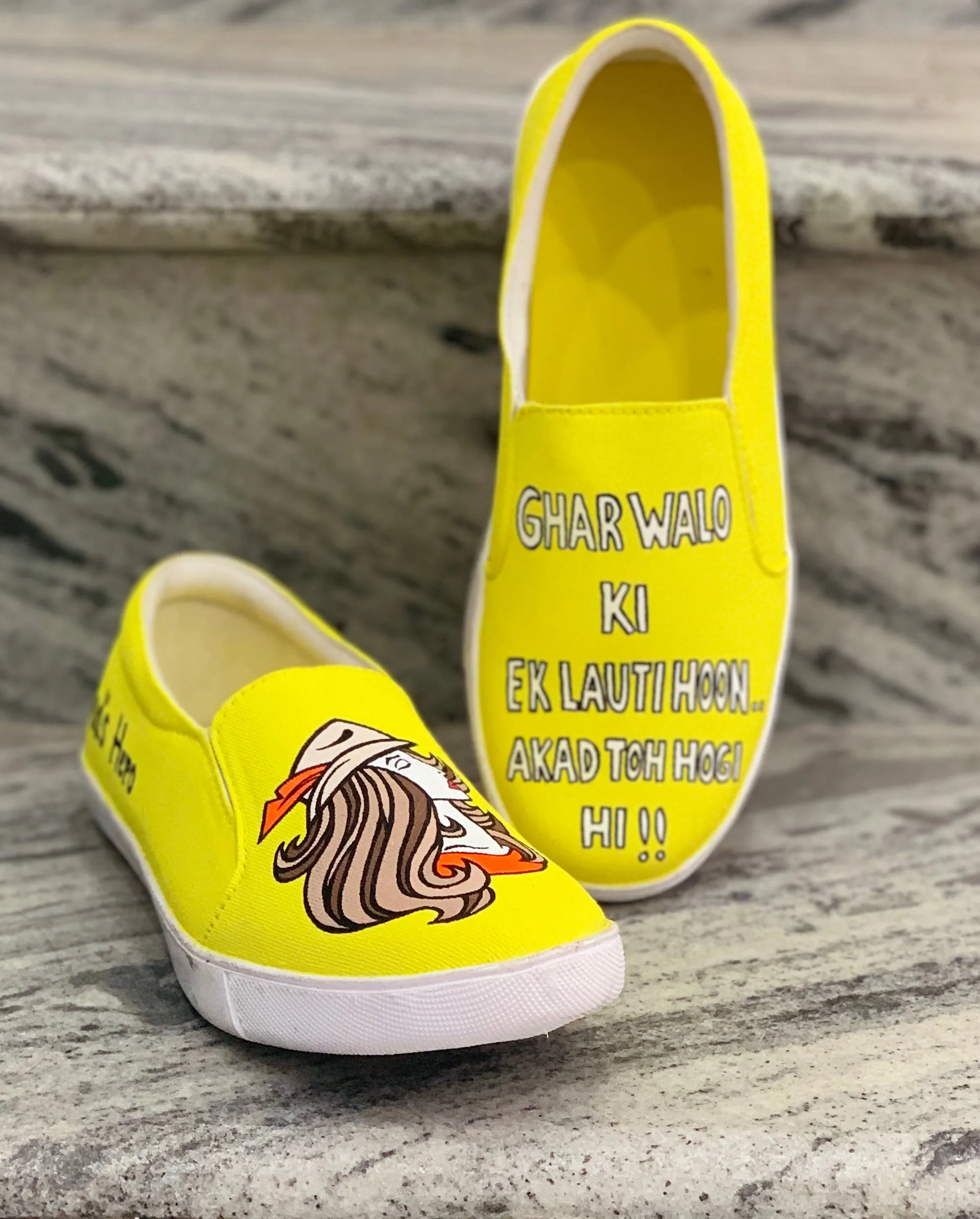 Funky N Trendy hand painted water resistant Quirky quote yellow shoes/ handpainted shoes/ women shoes / funky shoes