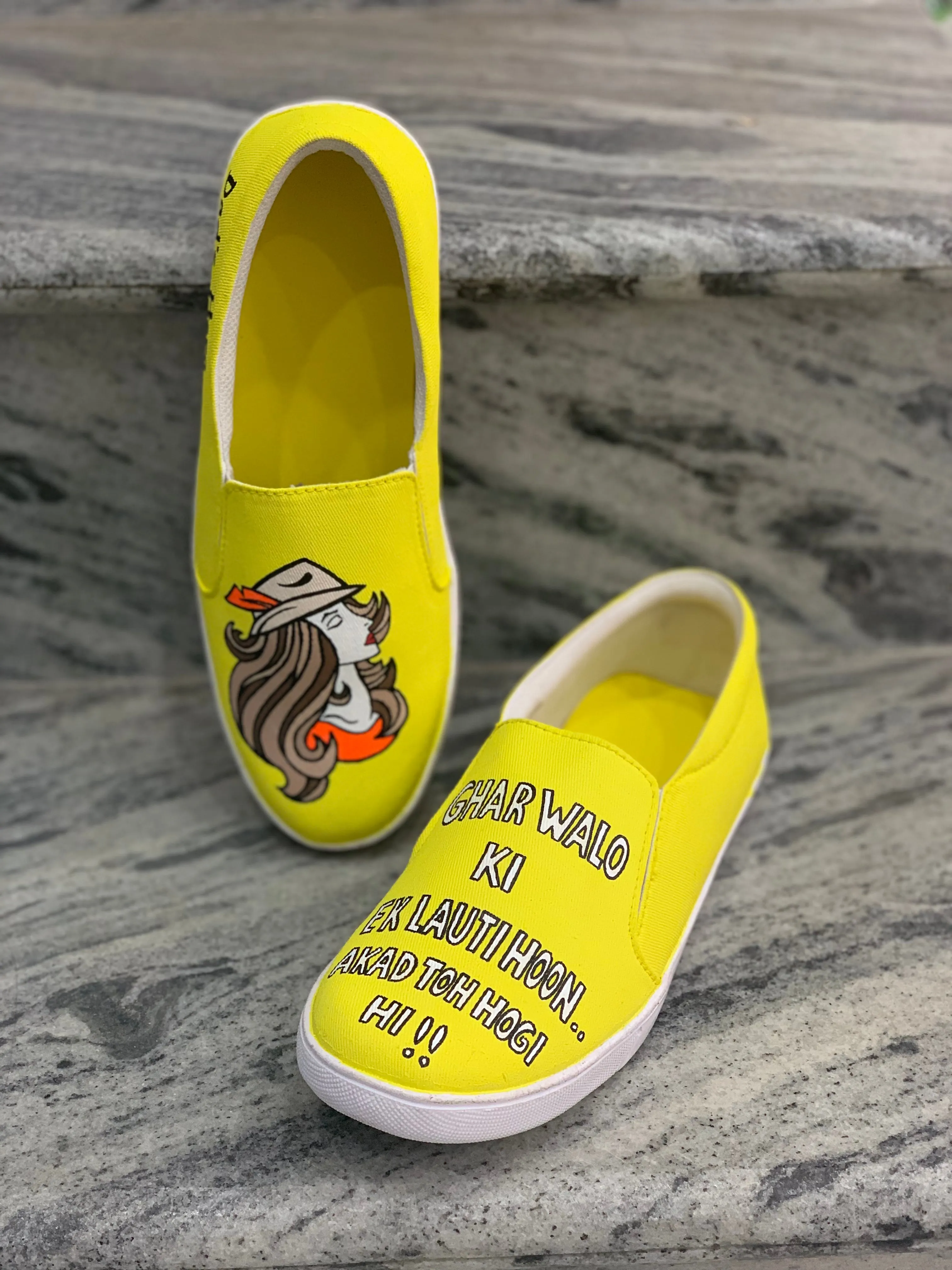 Funky N Trendy hand painted water resistant Quirky quote yellow shoes/ handpainted shoes/ women shoes / funky shoes