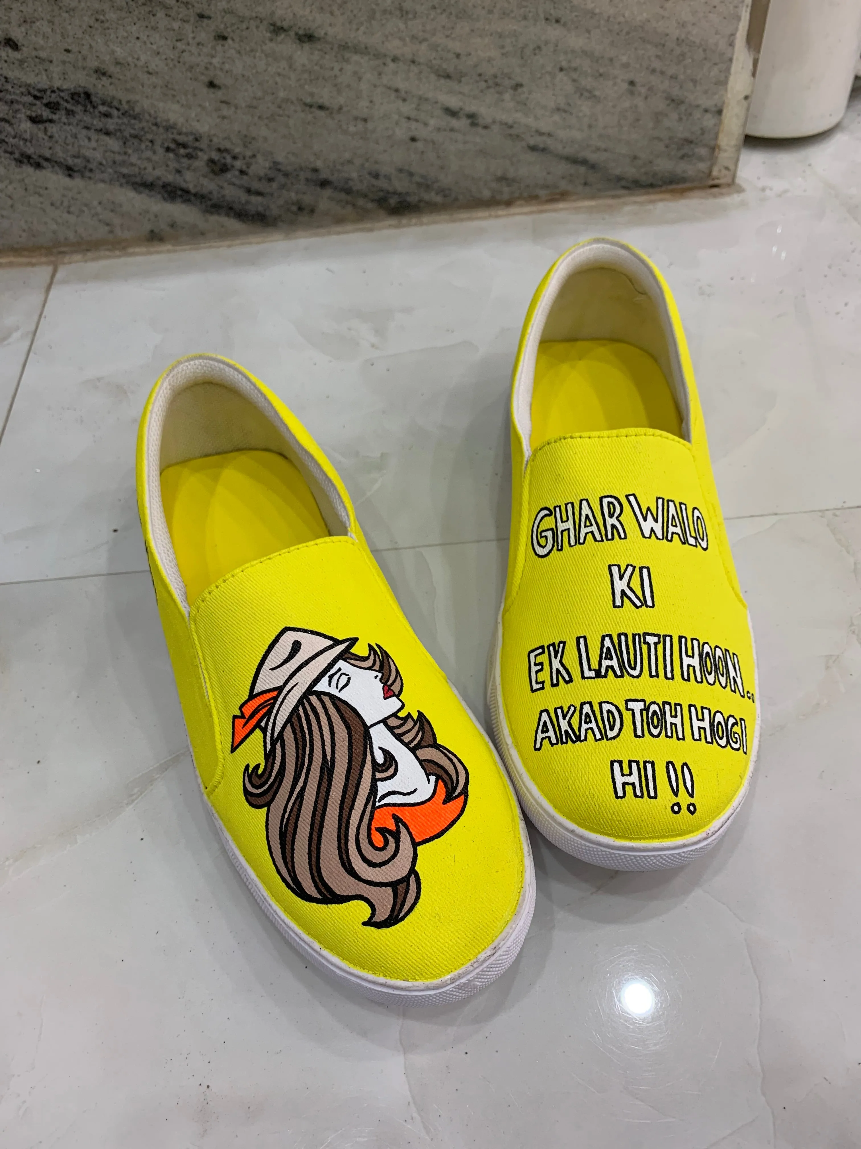 Funky N Trendy hand painted water resistant Quirky quote yellow shoes/ handpainted shoes/ women shoes / funky shoes