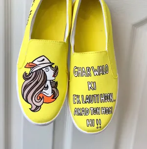 Funky N Trendy hand painted water resistant Quirky quote yellow shoes/ handpainted shoes/ women shoes / funky shoes