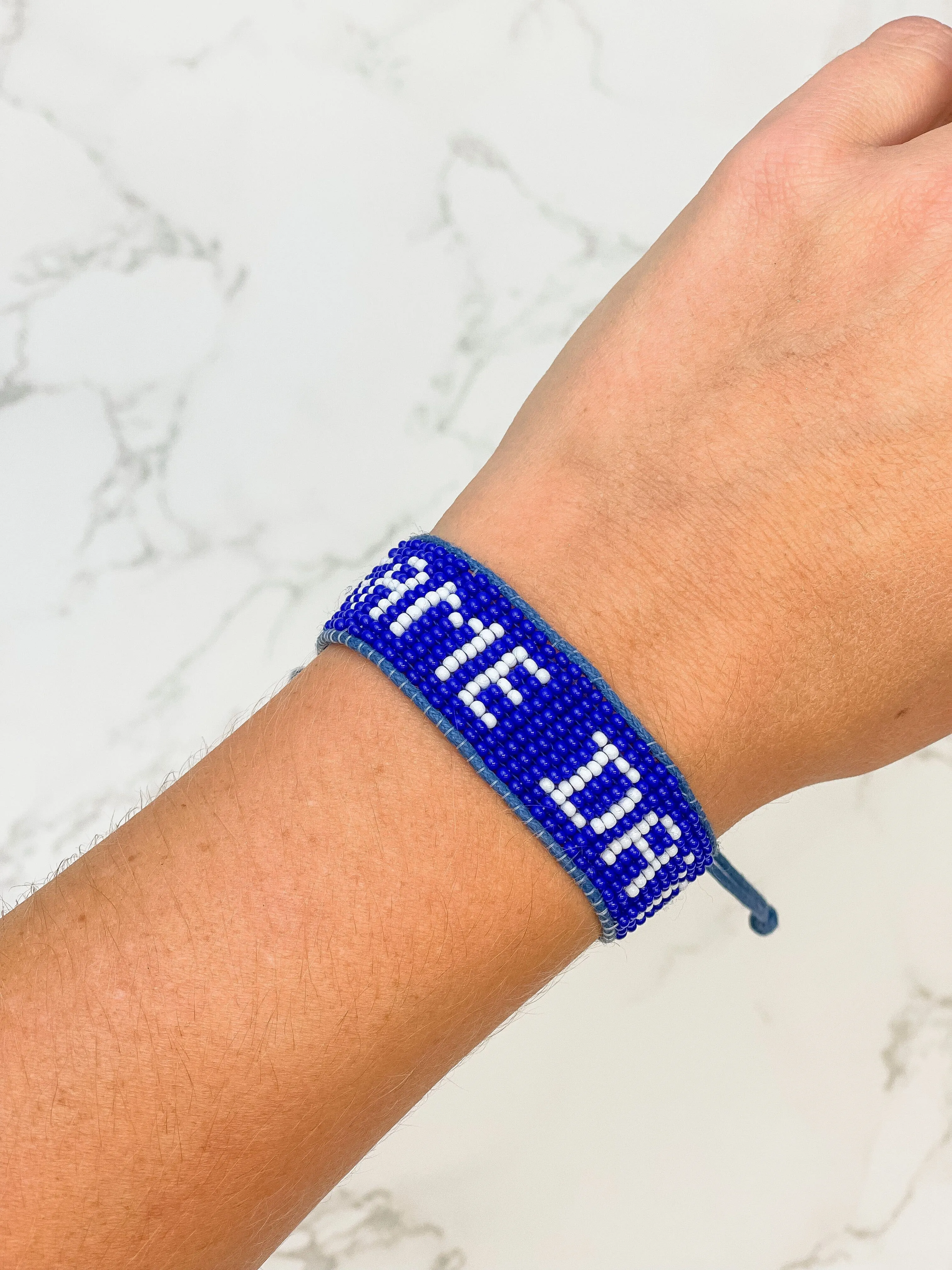 'Game Day' Beaded Adjustable Bracelet - Blue & White