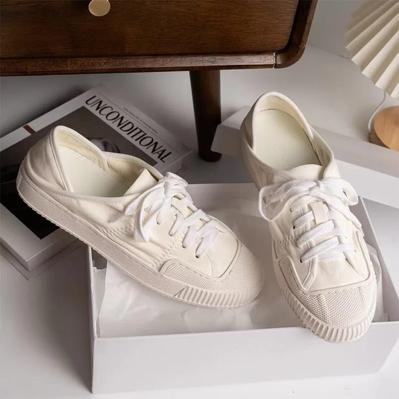 Genuine Leather Flat Sneakers for Women Low-top Lace Up in White