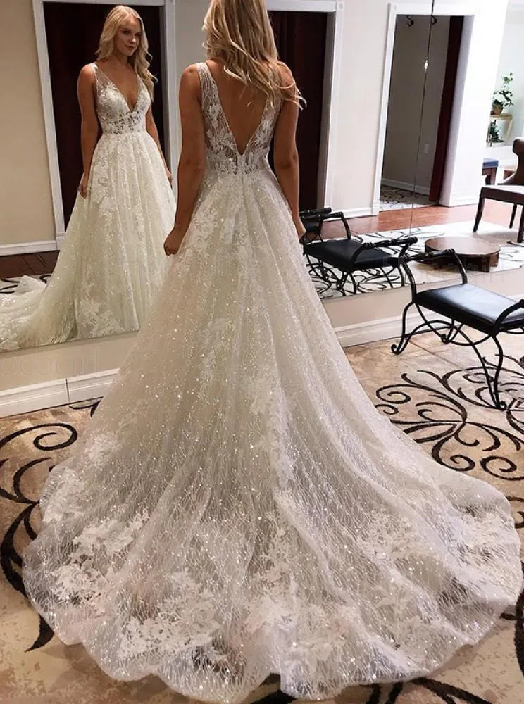 Gorgeous A Line Deep V-neck Sparkly Wedding Dress With Lace Appliques UQW0056