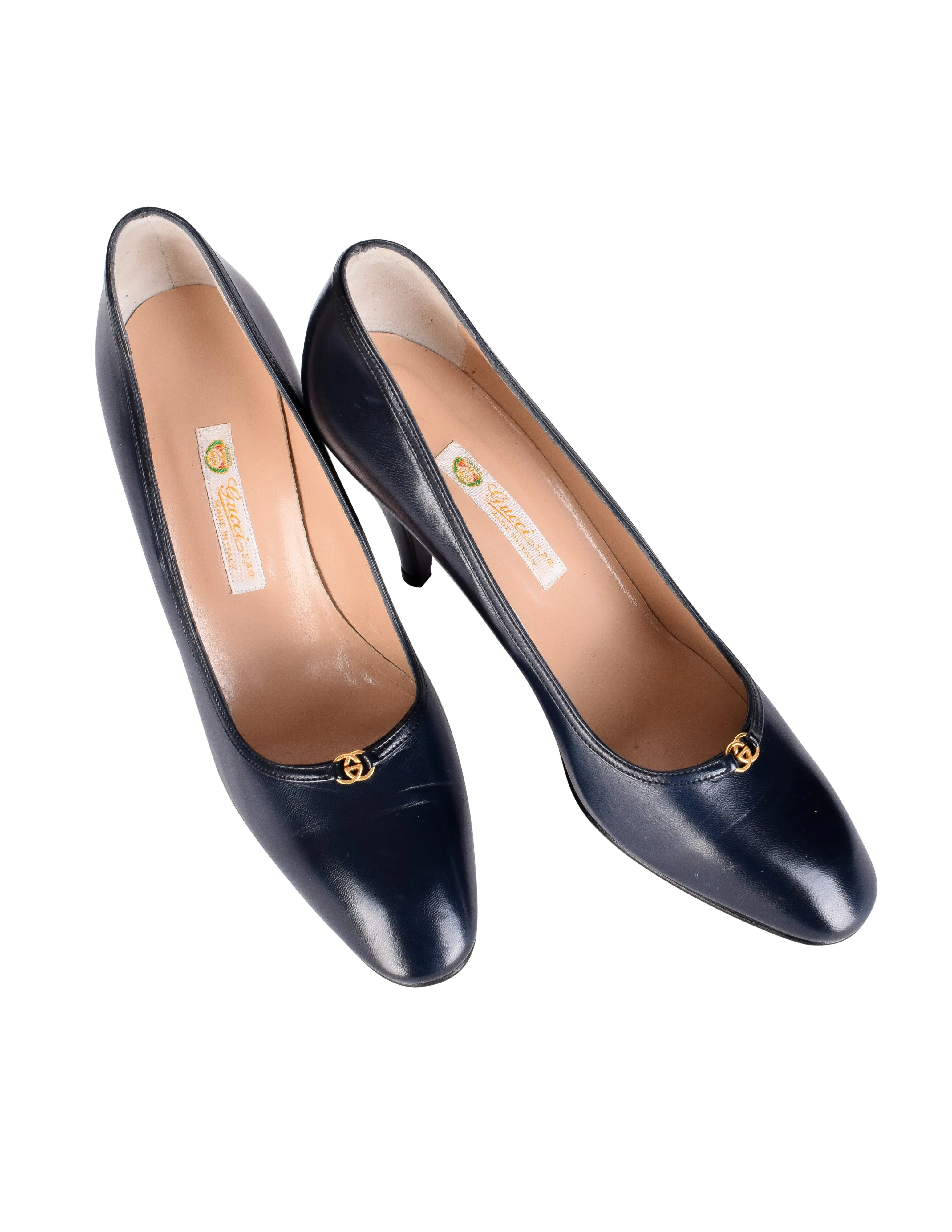 Gucci Vintage AW 1985 Navy Blue Leather Golden Logo Heels