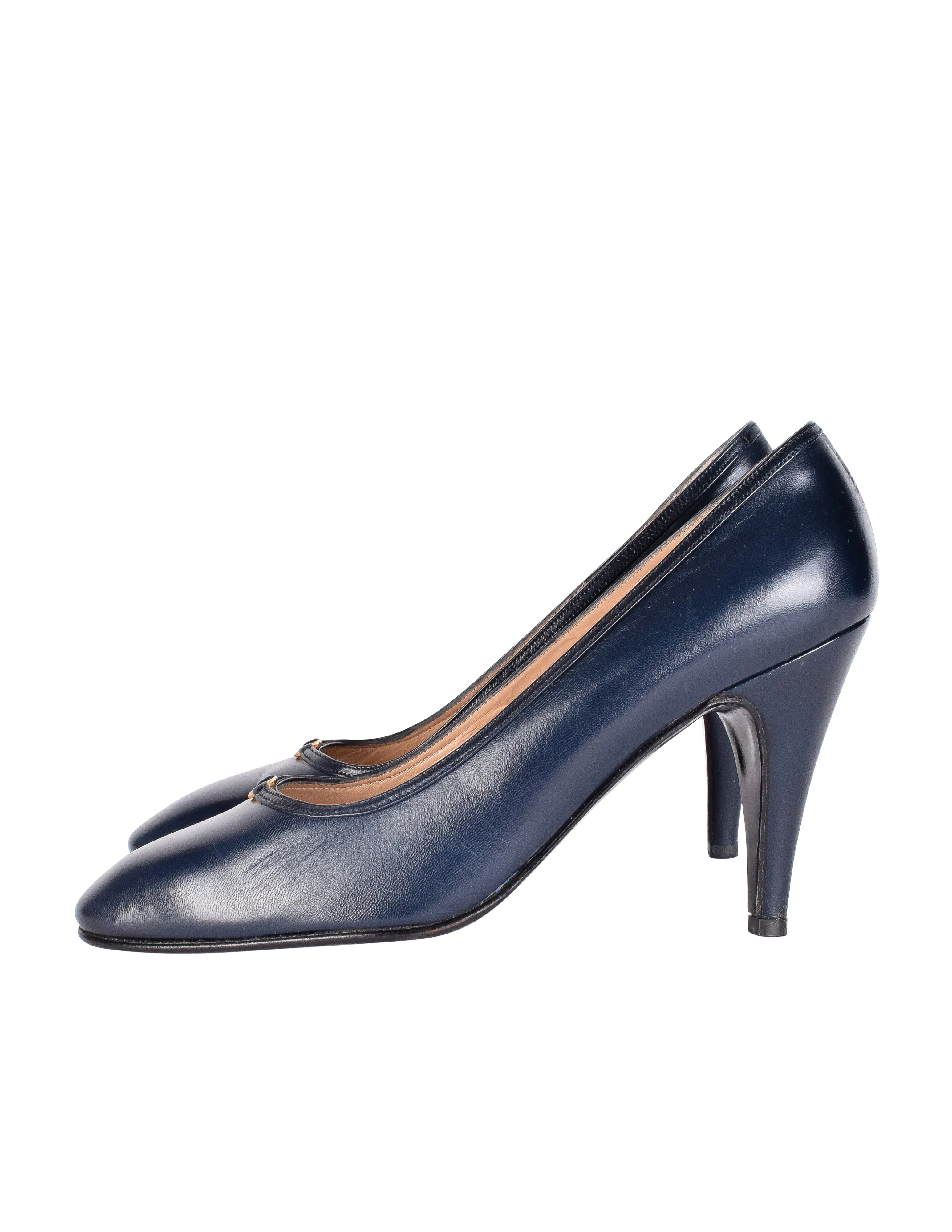 Gucci Vintage AW 1985 Navy Blue Leather Golden Logo Heels