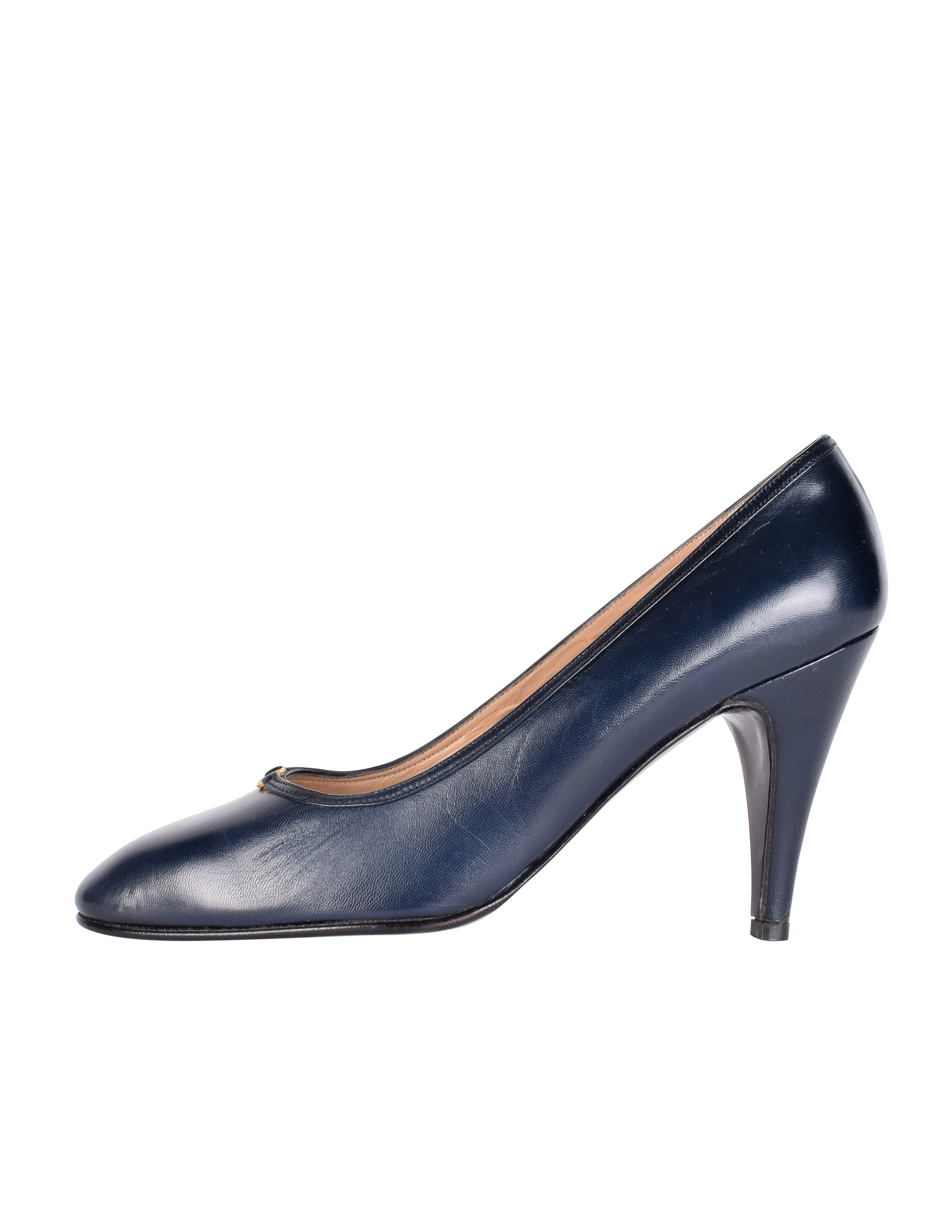 Gucci Vintage AW 1985 Navy Blue Leather Golden Logo Heels