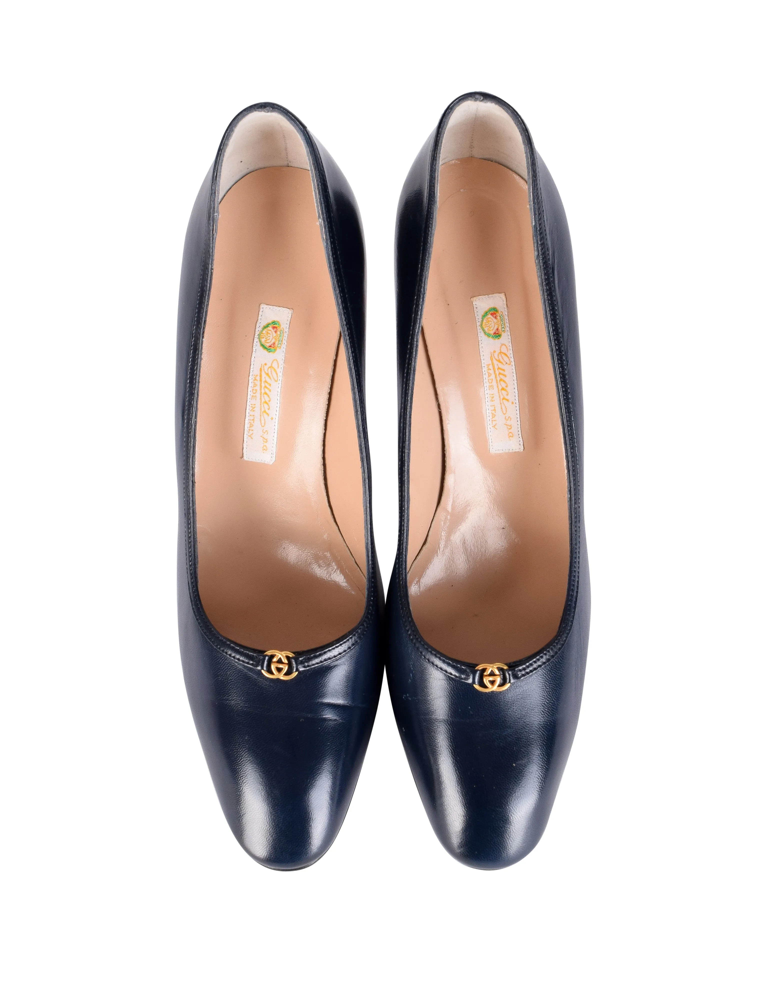 Gucci Vintage AW 1985 Navy Blue Leather Golden Logo Heels