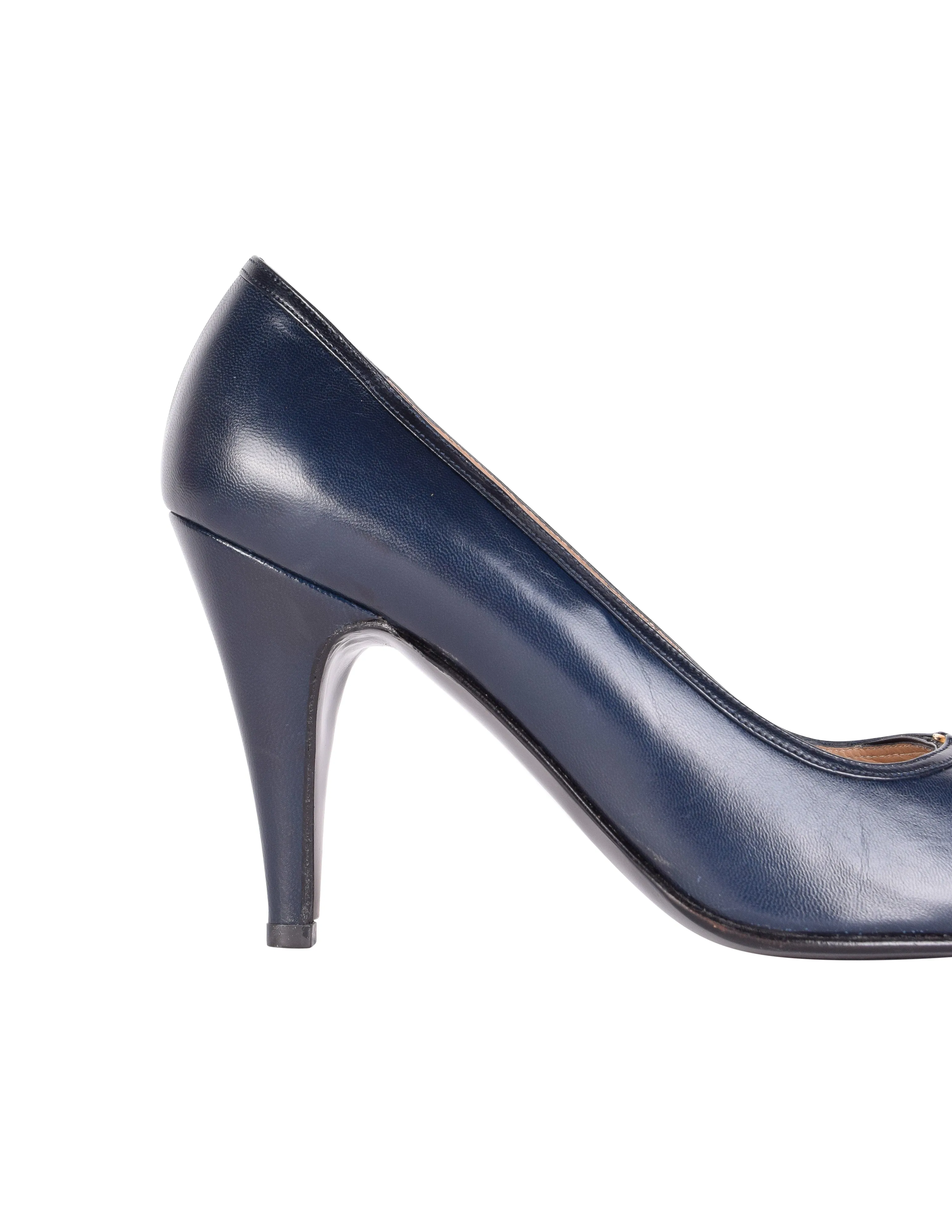 Gucci Vintage AW 1985 Navy Blue Leather Golden Logo Heels