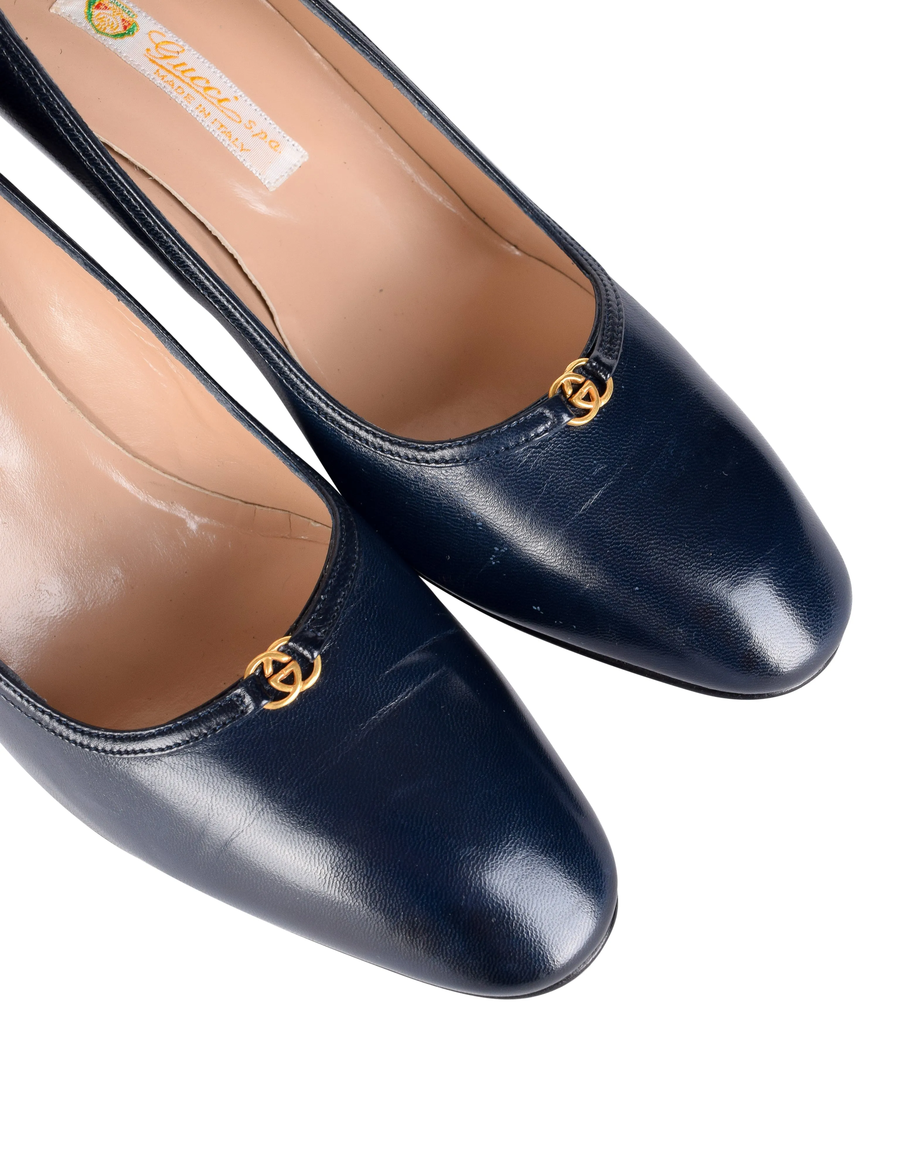 Gucci Vintage AW 1985 Navy Blue Leather Golden Logo Heels