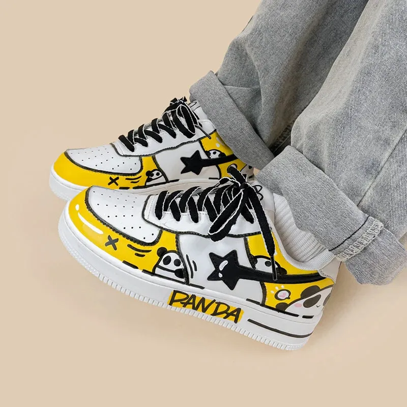 Hand Painted Yellow Panda Casual White Shoes - Unisex