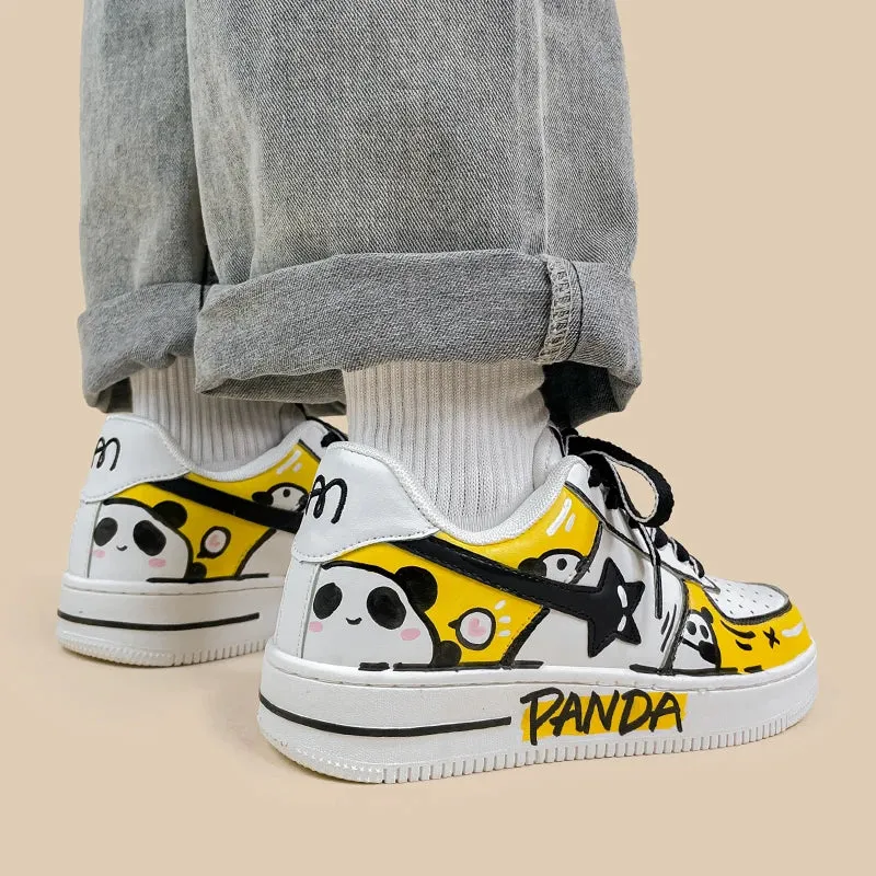 Hand Painted Yellow Panda Casual White Shoes - Unisex