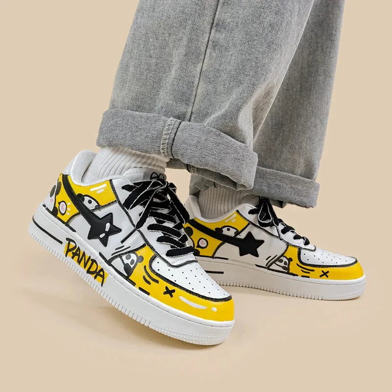 Hand Painted Yellow Panda Casual White Shoes - Unisex