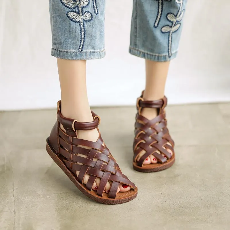 Handmade Leather Gladiator Sandals Retro Woven Open-toe Flat Shoes in Coffee/Brown/Apricot