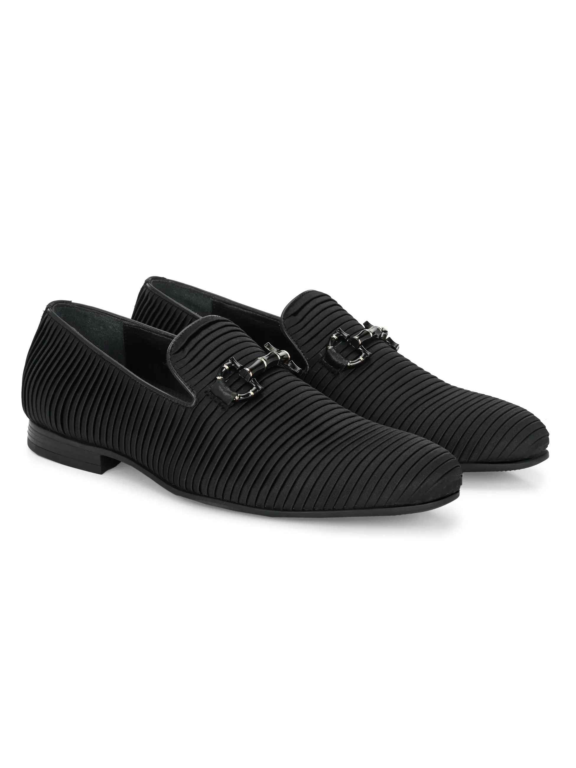 Hitz Men's Black Fabric_Leather Party Wear Shoes