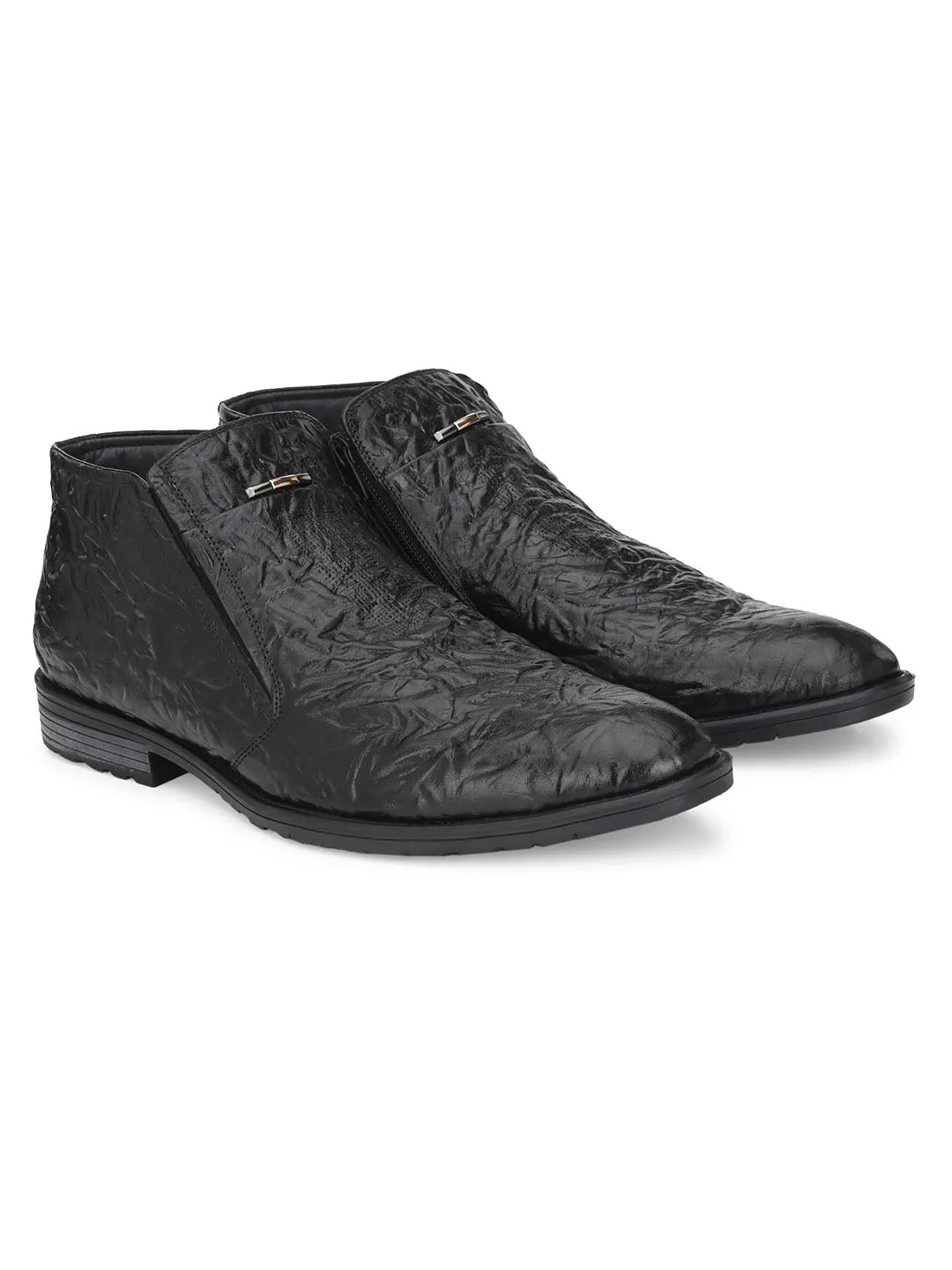 Hitz Men's Black Leather Boots with Zip Closure