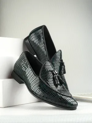 Hitz Men's Green Leather Party Wear Tassel Shoes