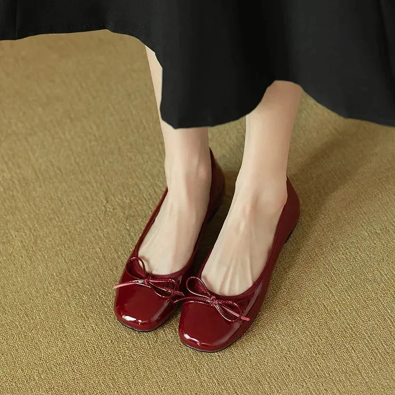 Hnzxzm Women Retro Gentle Bowknot Flat Shoes Korean Fashion Elegant Red Square Toe Stiletto Pumps Autumn Dress Loafer Casual Shoes