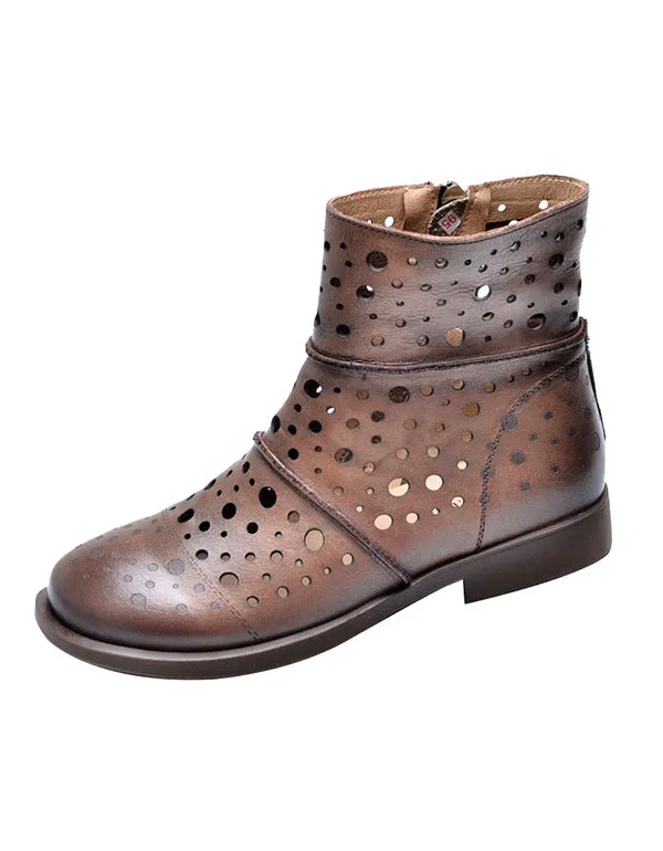 Hollow Retro Leather Short Boots Women