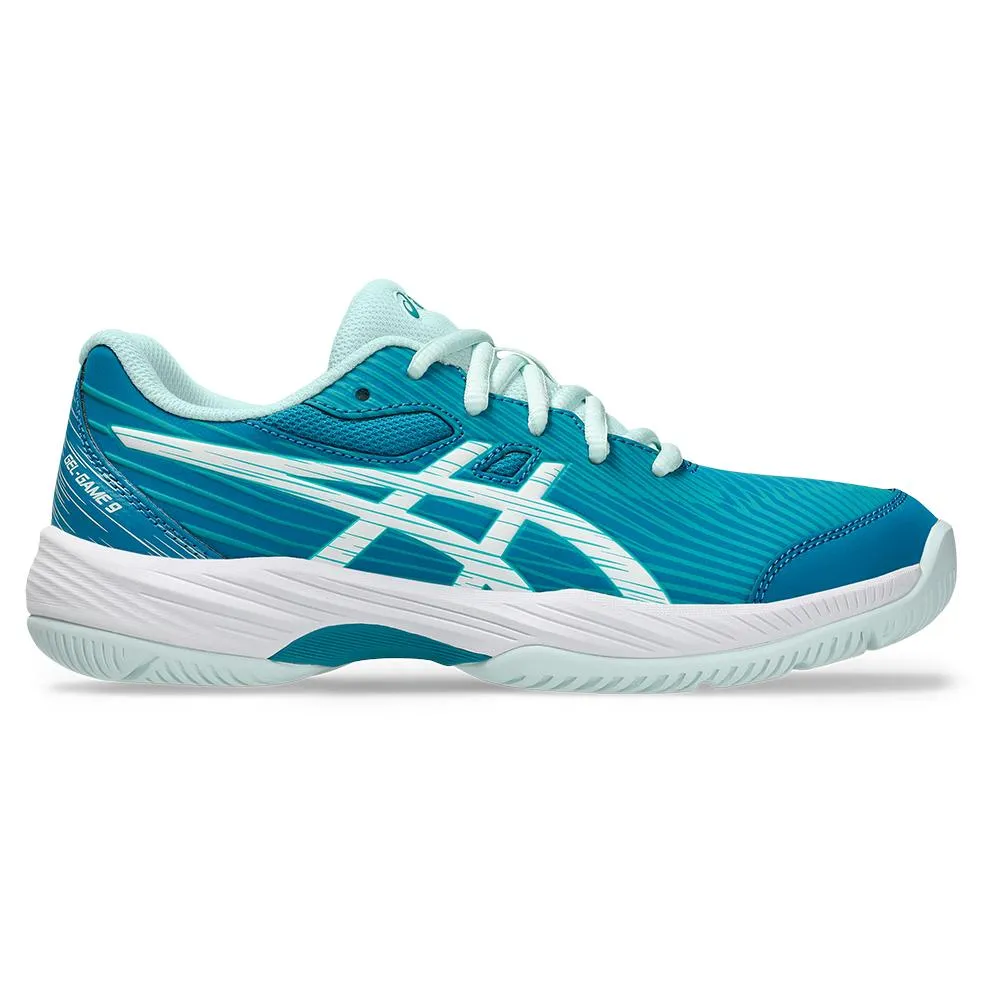 Juniors Gel-Game 9 GS Tennis Shoes Teal Blue and White