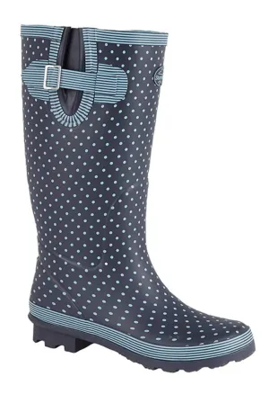 Ladies Wellington Welly Navy Blue Polka Dot Rubber 3 to 8