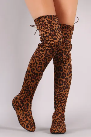 Leopard Drawstring Tie Over-The-Knee Flat Boots