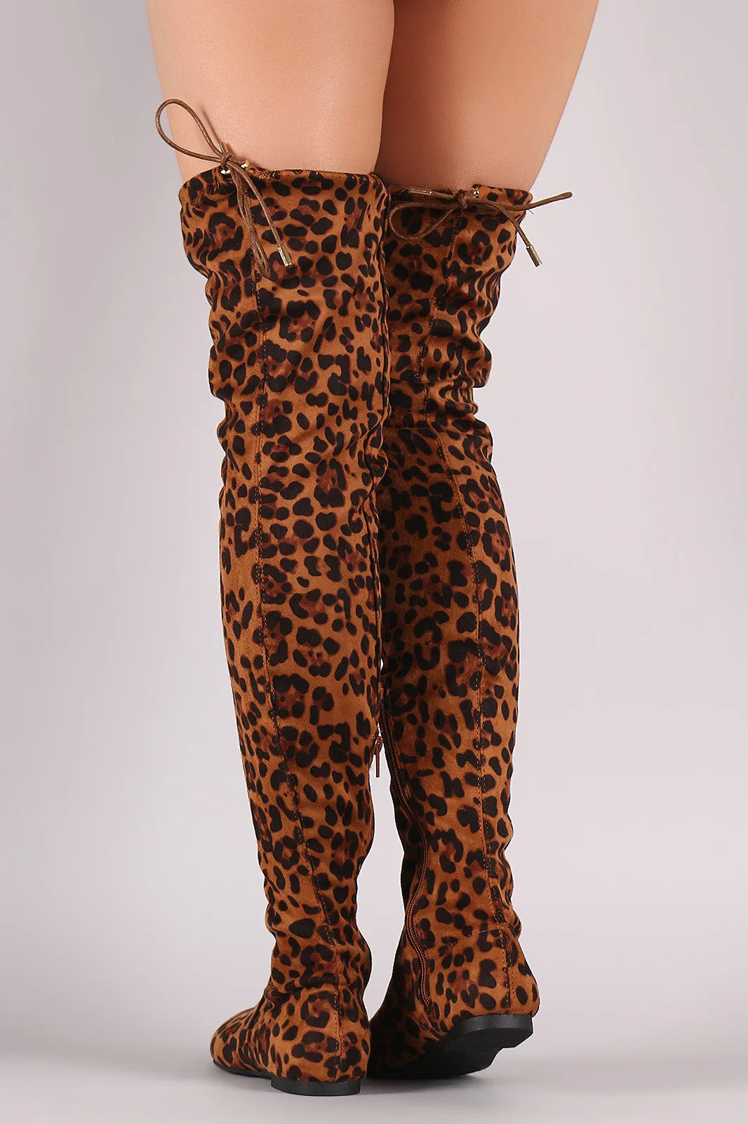 Leopard Drawstring Tie Over-The-Knee Flat Boots