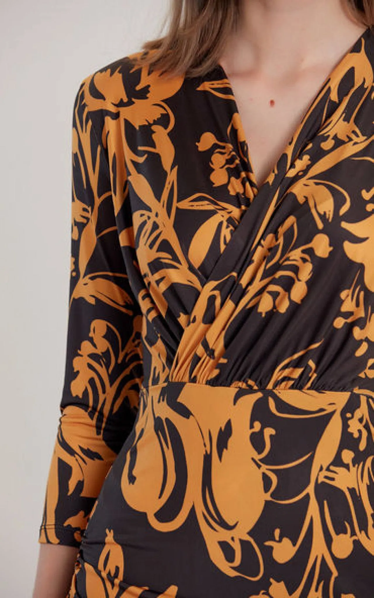 Love And Joy London Midi Wrap Dress In Black And Gold Floral