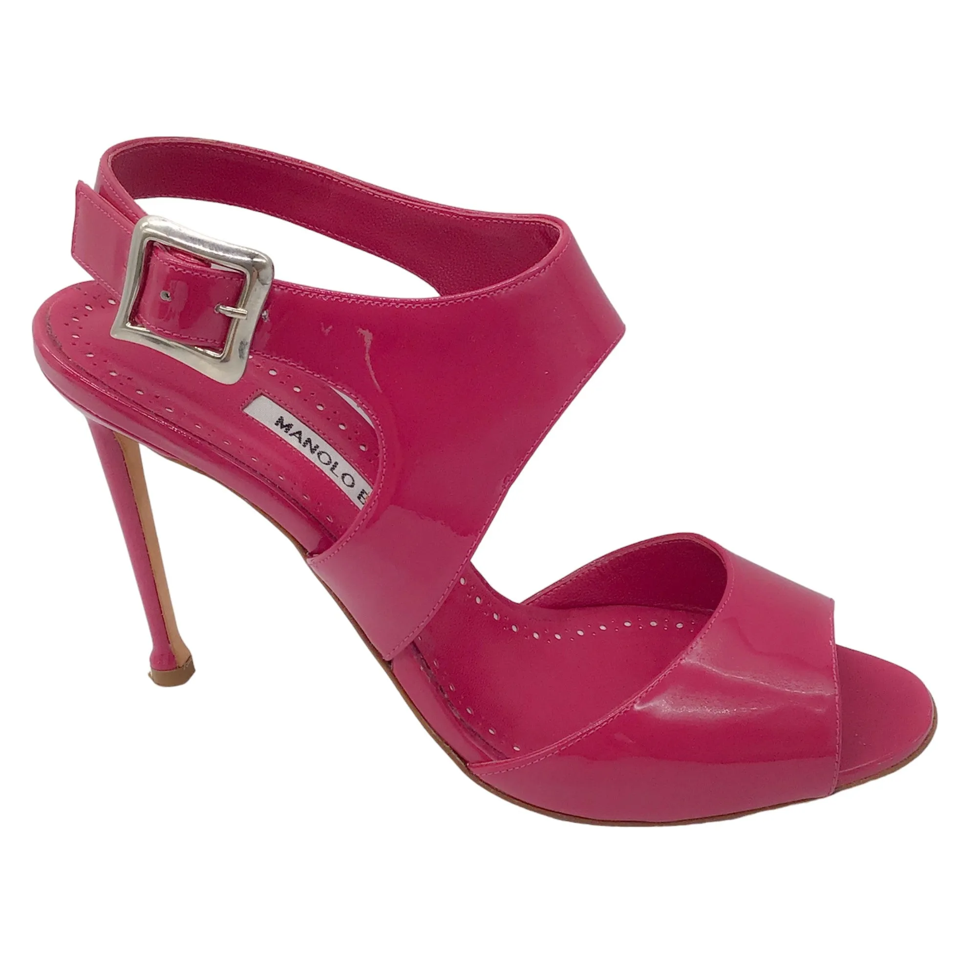 Manolo Blahnik Raspberry Patent Leather Ankle Strap Sandals