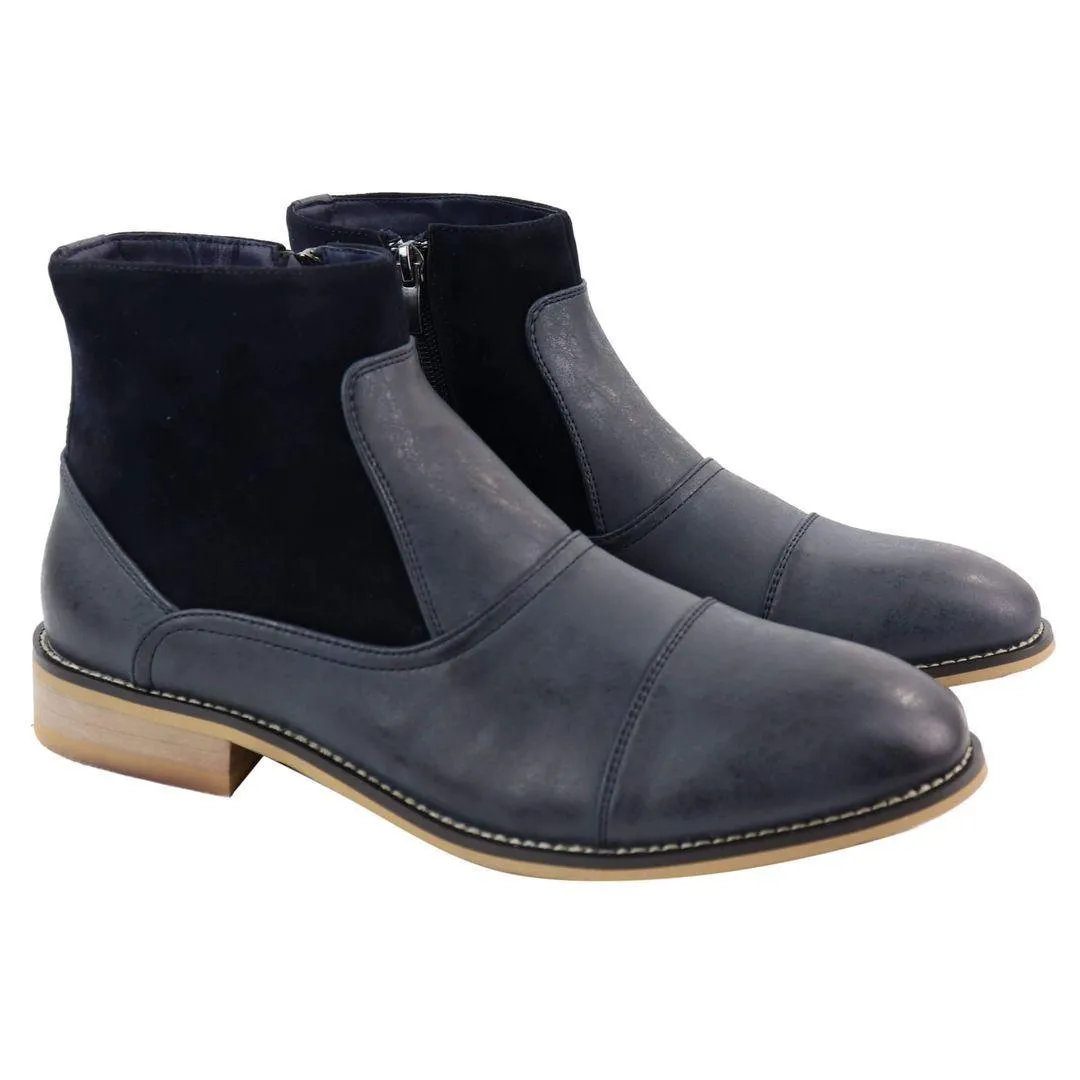 Mens Real Suede Leather Boots Slip on Side Zip Smart Casual Black Navy Blue