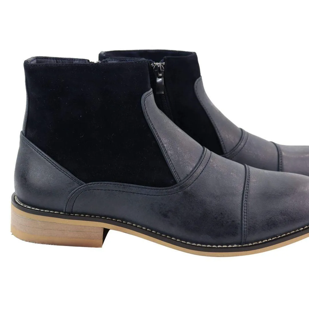 Mens Real Suede Leather Boots Slip on Side Zip Smart Casual Black Navy Blue