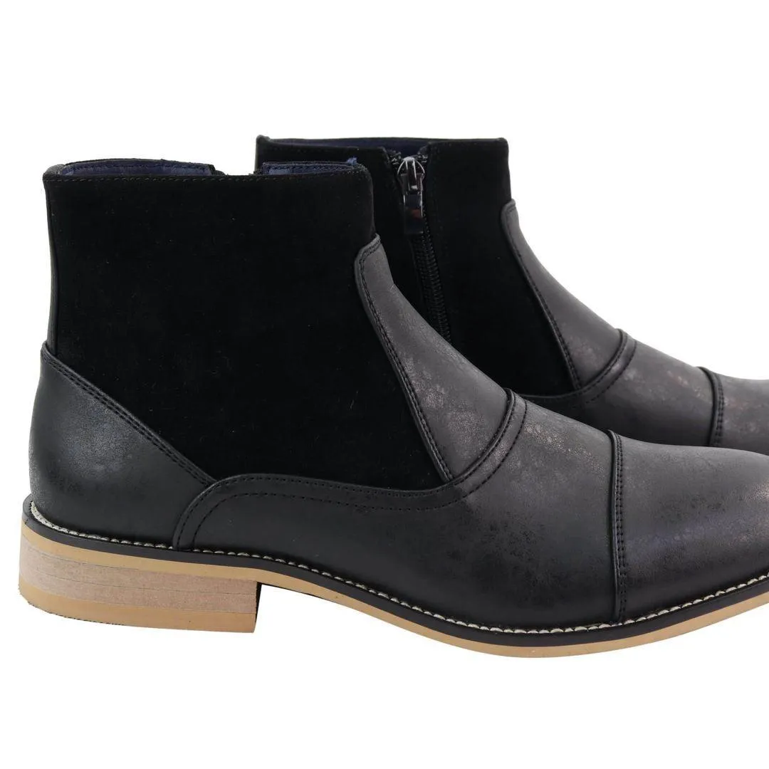 Mens Real Suede Leather Boots Slip on Side Zip Smart Casual Black Navy Blue