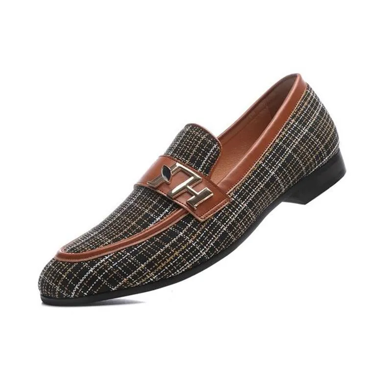 Metal Buckle Plaid Slip-On Loafers