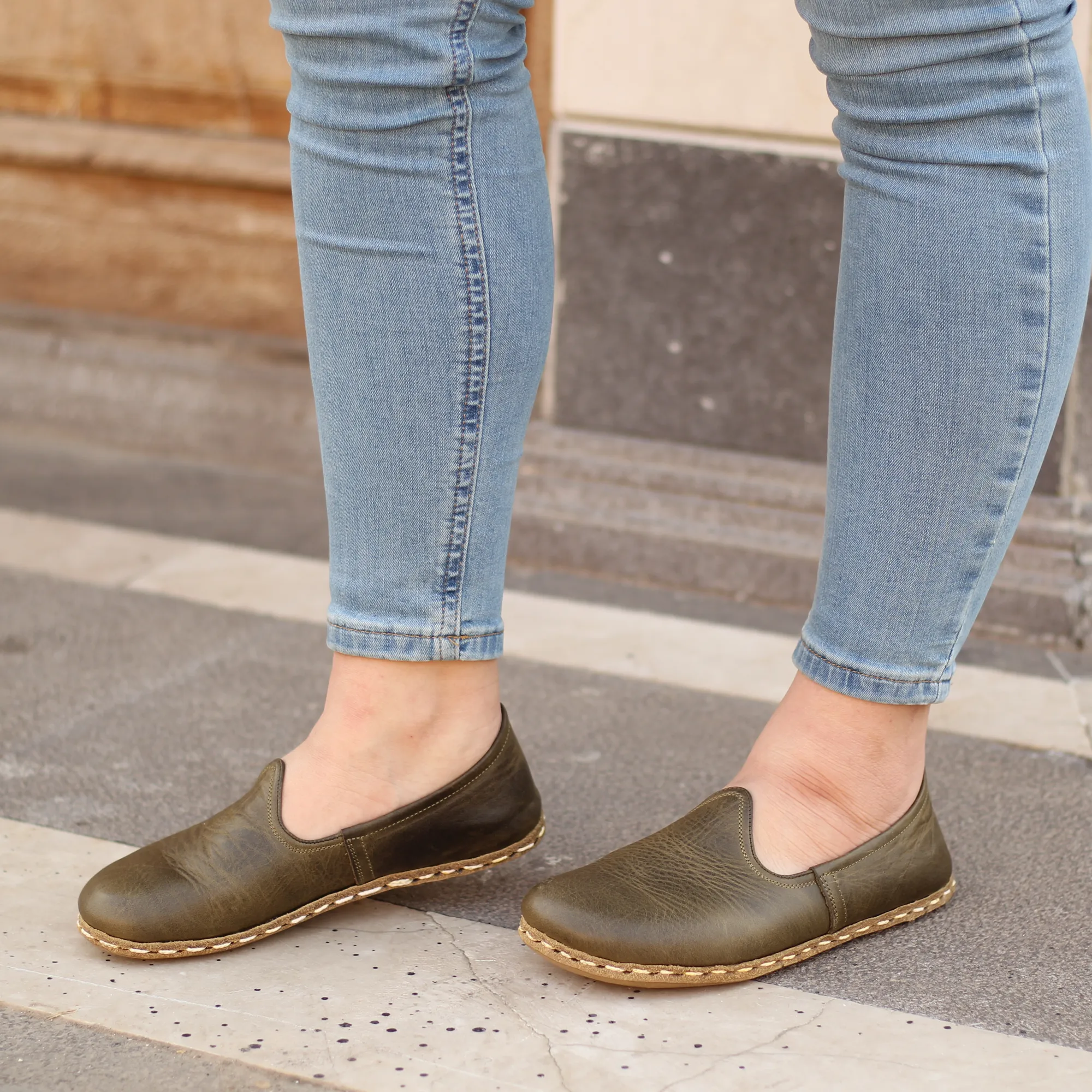 Military Green Barefoot Leather Shoes Flat for Women