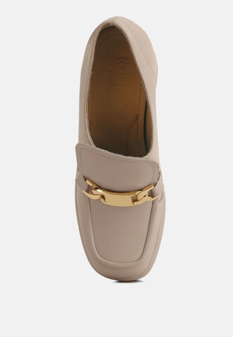 Morgan Metallic Embellishment Leather Platform Loafers in Beige