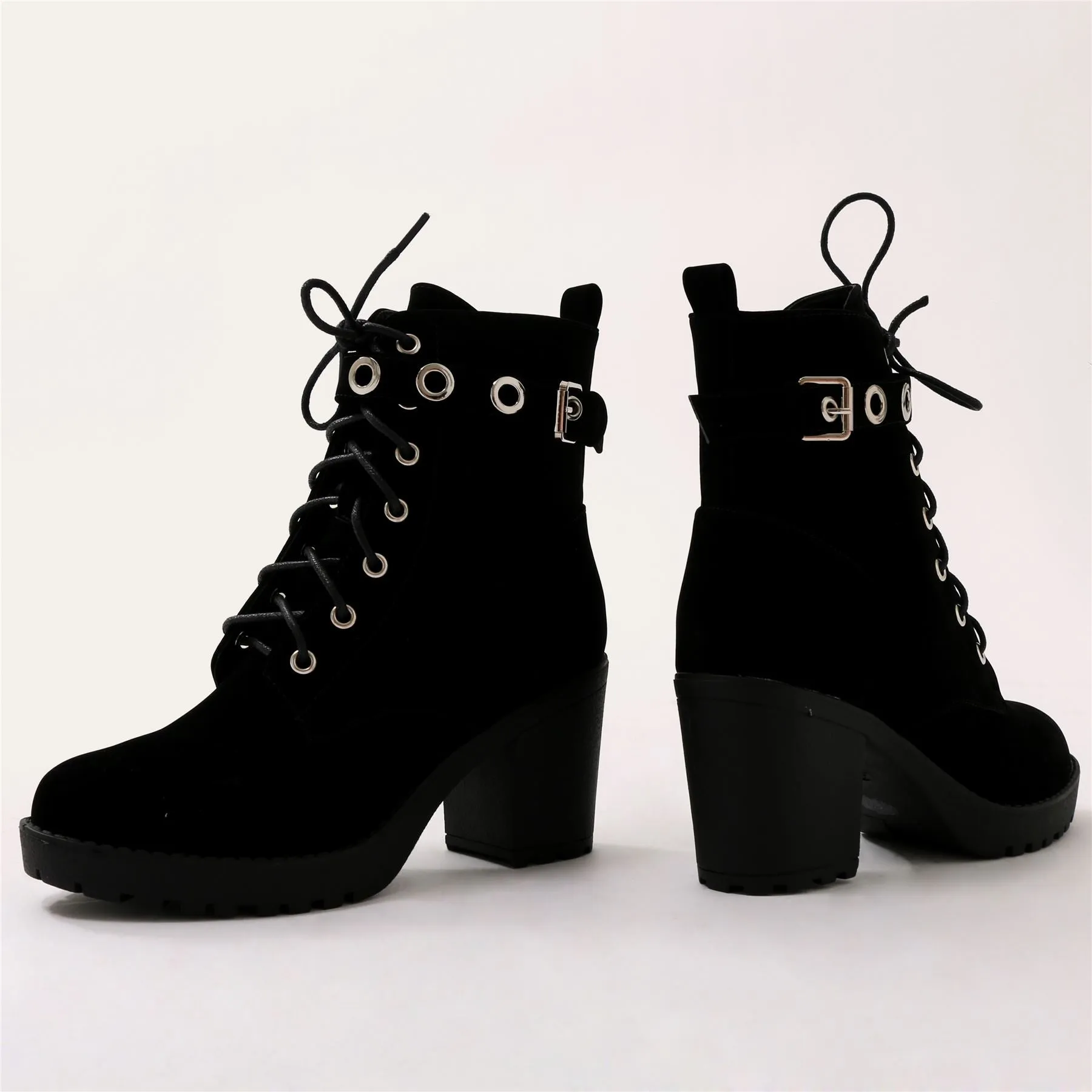 Noise Eyelet Biker Boots in Black Faux Suede