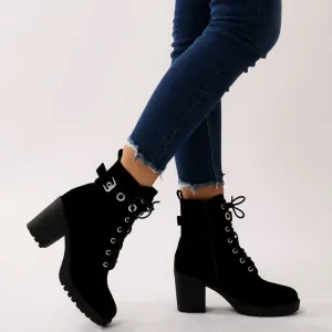 Noise Eyelet Biker Boots in Black Faux Suede