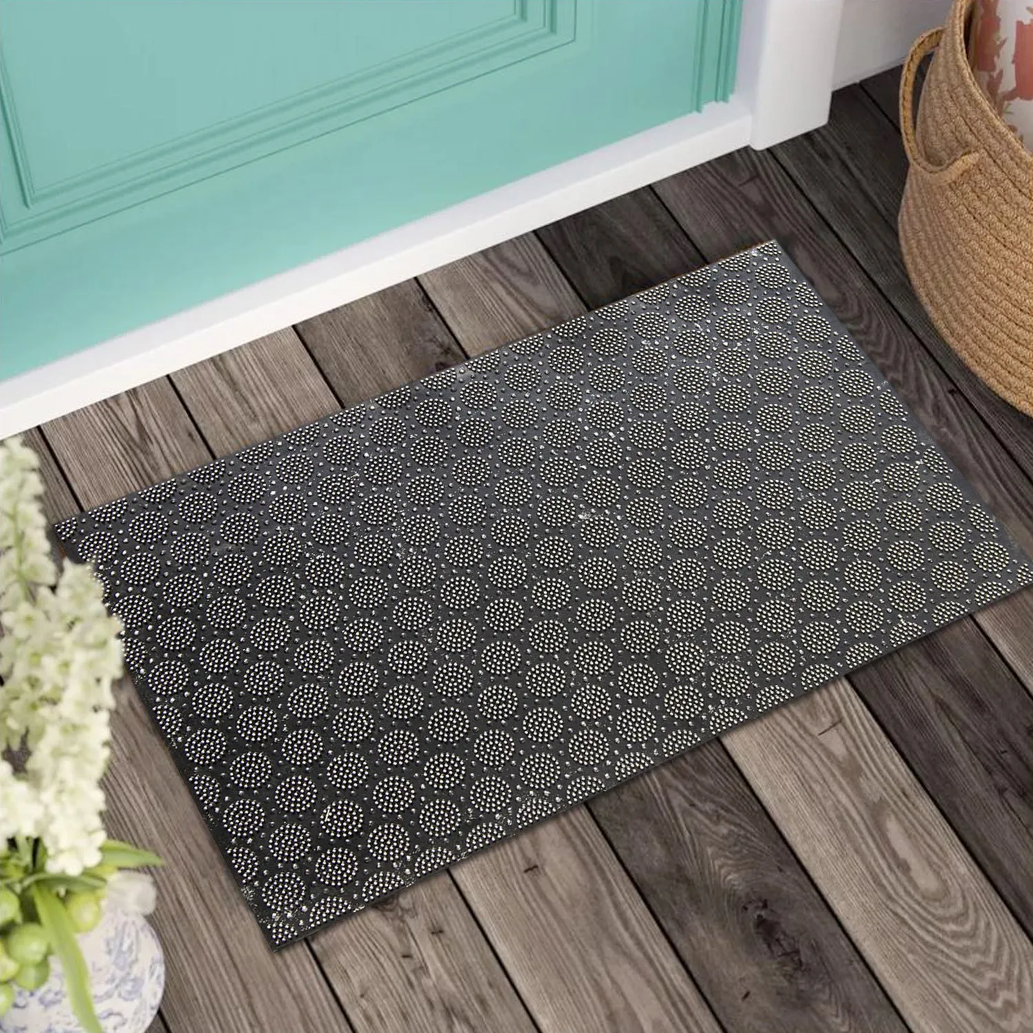 OnlyMat Lightweight Black Rubber Pin Mat with Round Designer Pattern - Indoor / Outdoor, Waterproof