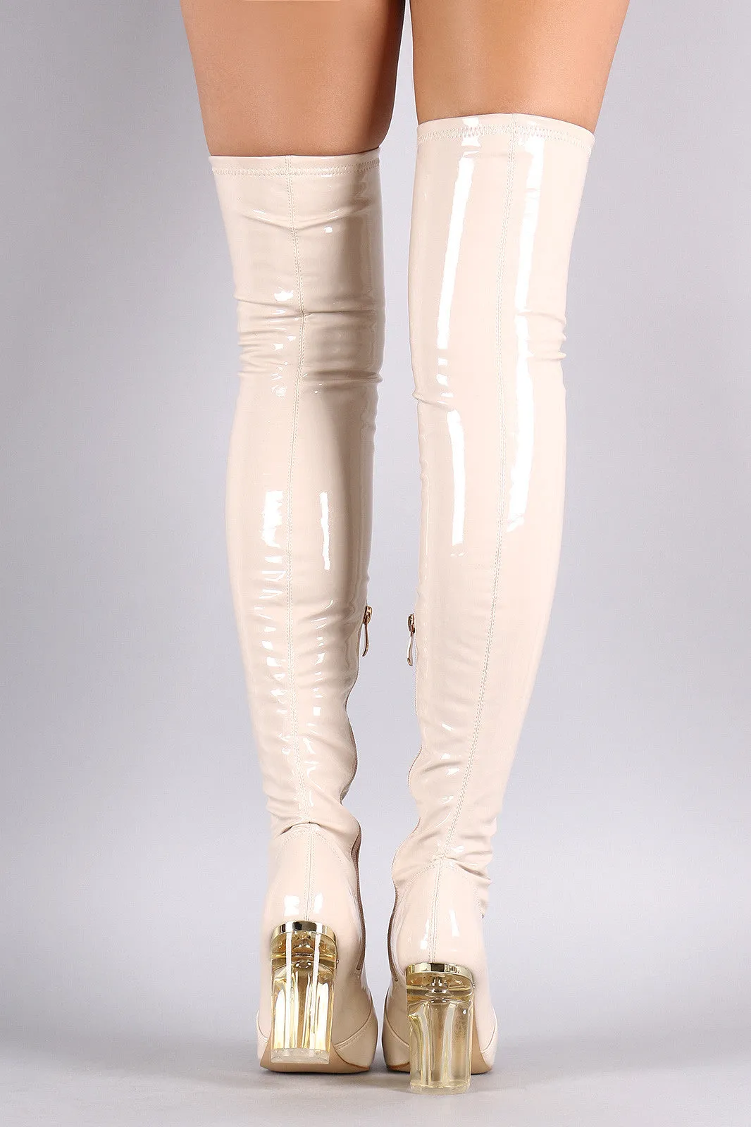 Patent Leather Chunky Lucite Heeled Over-The-Knee Boots