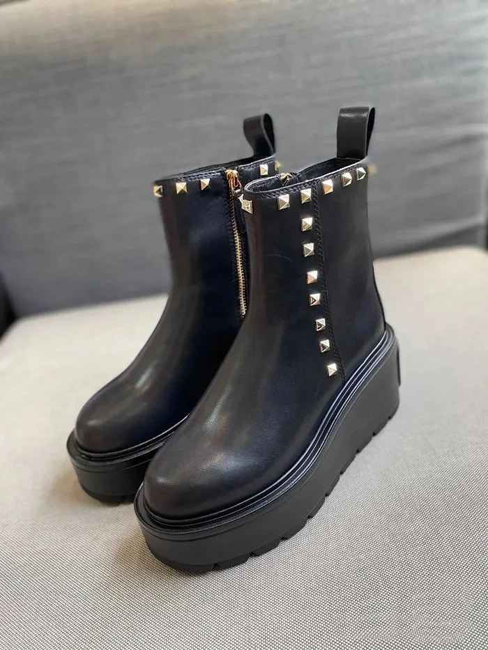 Pre Order:  Rivets Chunky Heels Ankle Boots