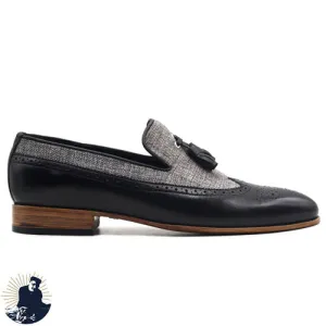 Premium Quality Black Leather & Gray Fabric Moccasin Slip On Leather Tassels Party Wear Men Shoes