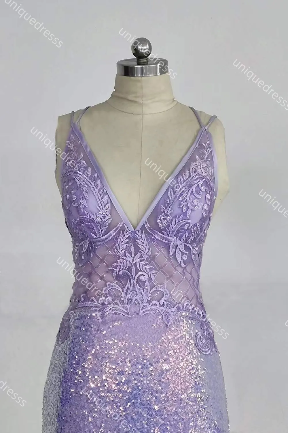 Purple V Neck Sequin Mermaid Prom Dress, Sparkly Party Gown with Lace Appliques UQP0241