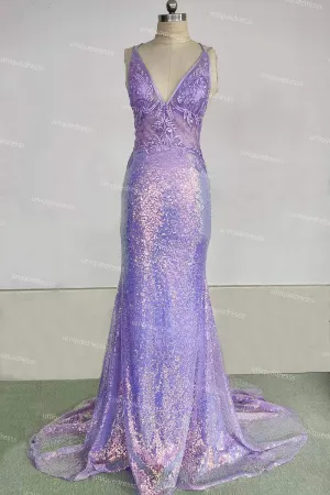 Purple V Neck Sequin Mermaid Prom Dress, Sparkly Party Gown with Lace Appliques UQP0241