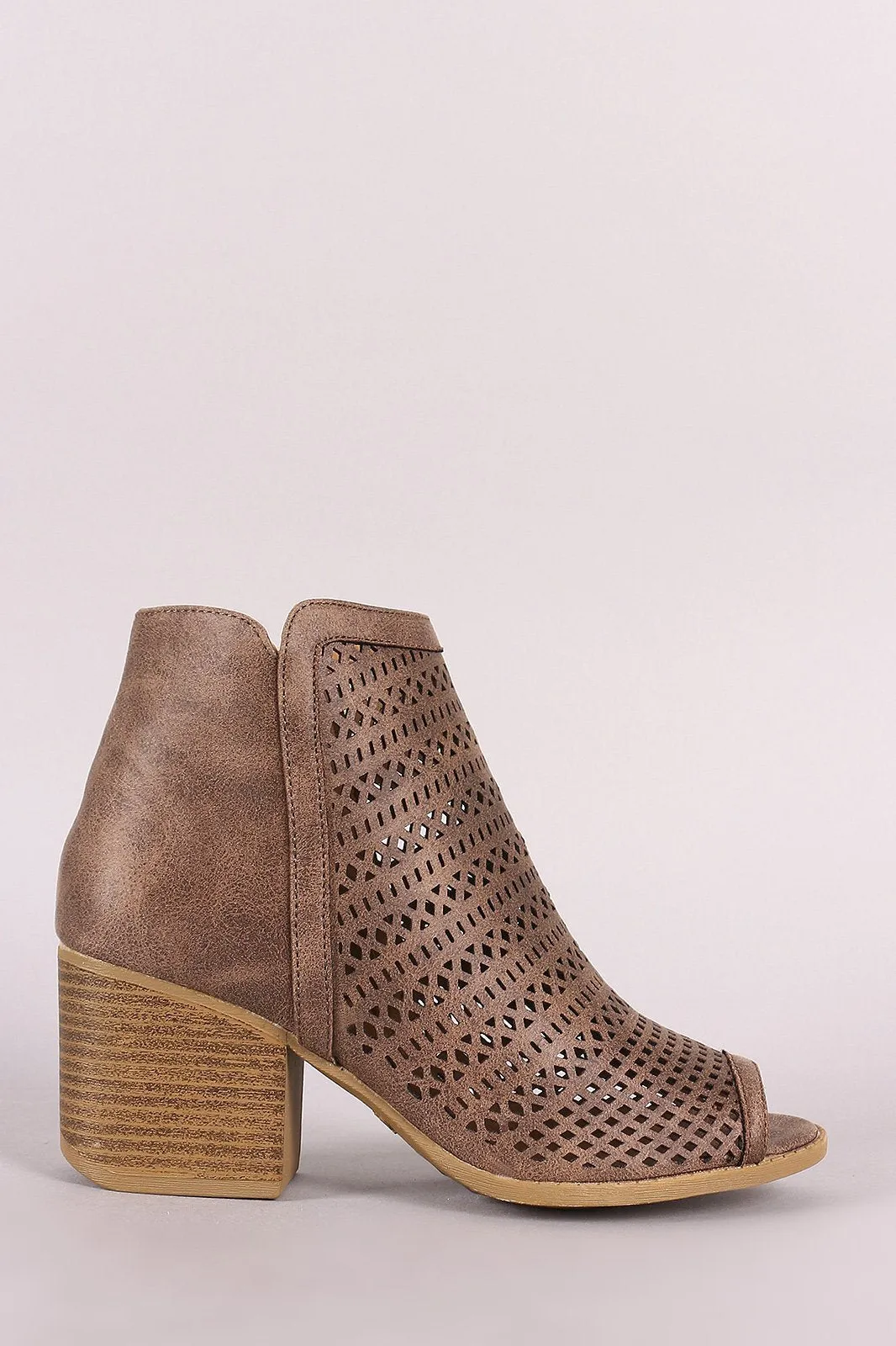 Qupid Perforated Peep Toe Chunky Heeled Ankle Boots