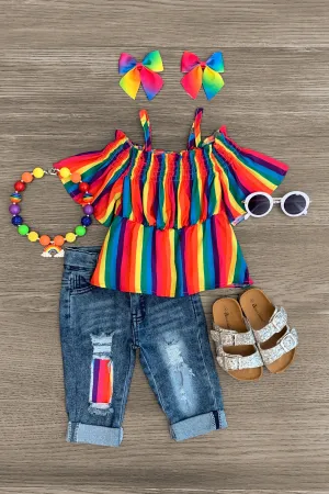 Rainbow Cinch Cold Shoulder Denim Capri Set