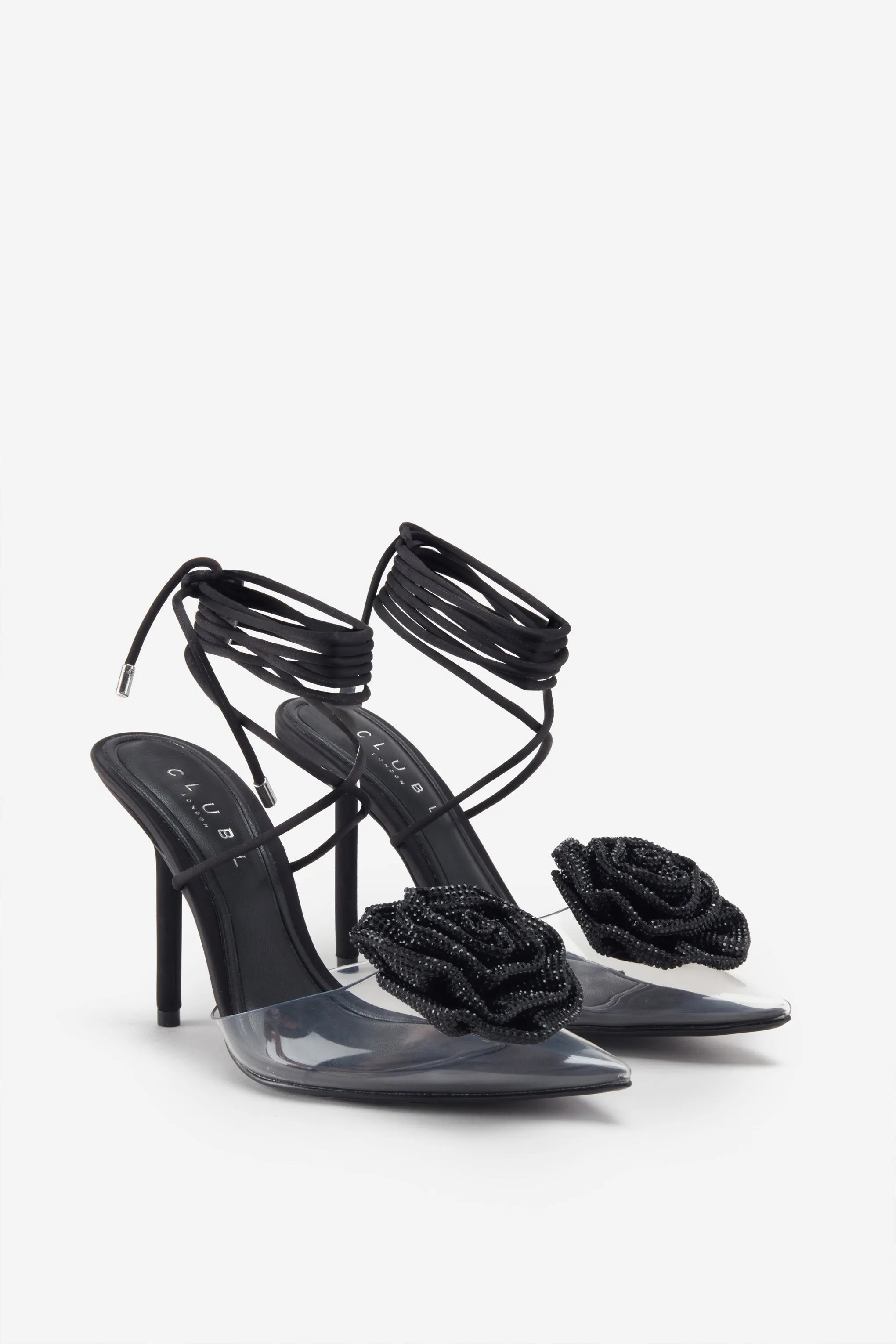 Sharpened | Black Lace-Up Clear Stiletto Heels With Diamante Flowers