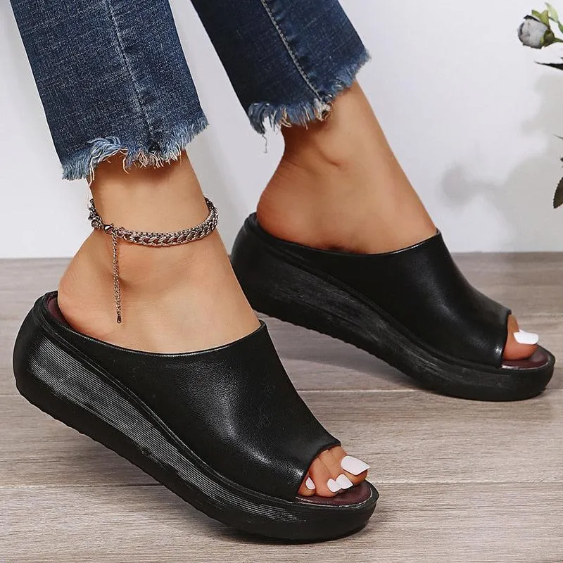 Slip-on Leather Wedge Sandals